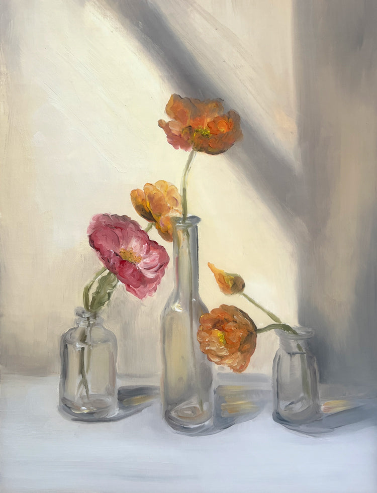 Orange and Pink Poppies in Glass Vases