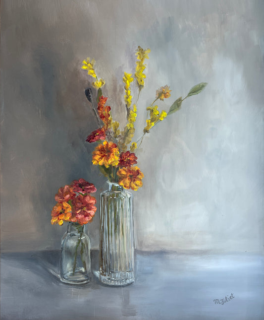 Golden Hour Flowers in Two Vases