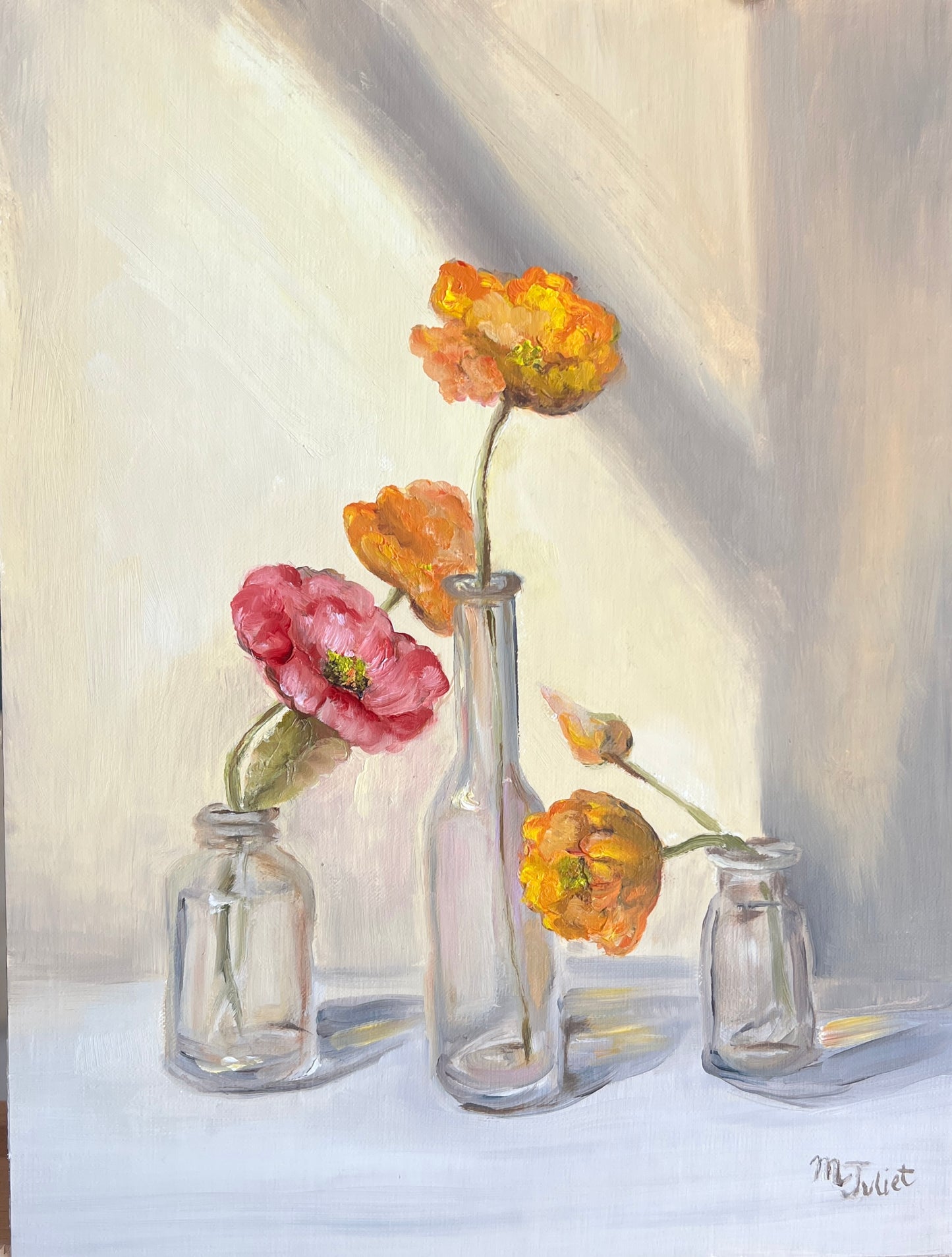 Orange and Pink Poppies in Glass Vases