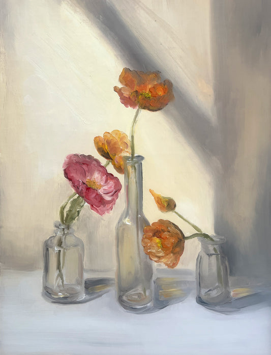 Orange and Pink Poppies in Glass Vases